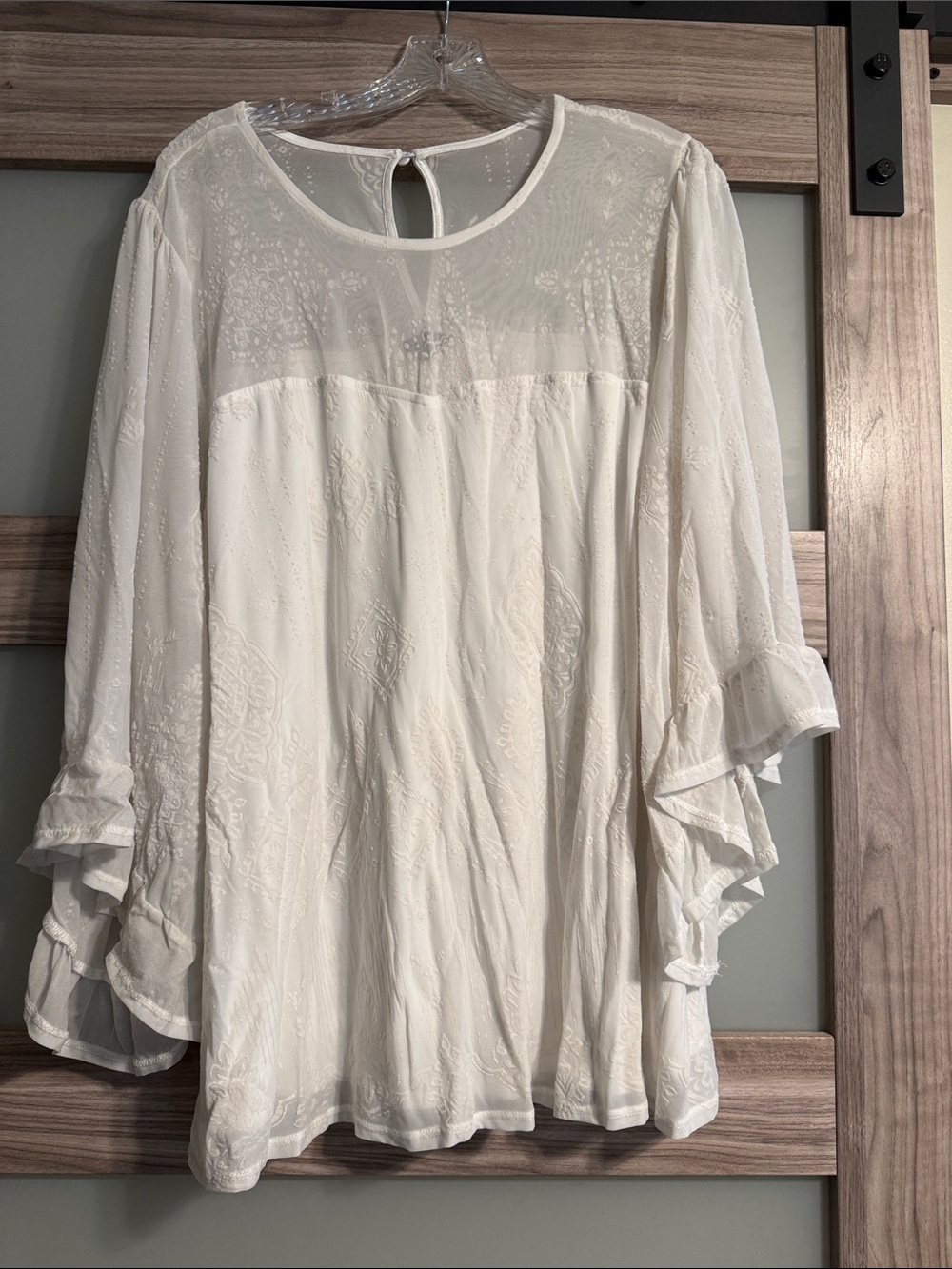 torrid Cream off white Sheer Yoke Ruffle Sleeve Blouse